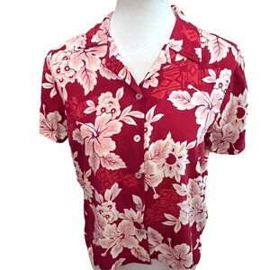 VTG Aqua Blues Womens Hawaiian Red Floral Short Sleeve Aloha Resort Shirt M - L